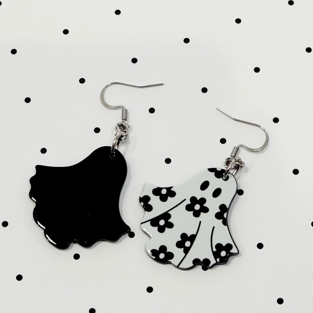 Black and White Retro Flower Ghost Earrings Stainless Steel Hooks Summerween - Picture 6 of 7